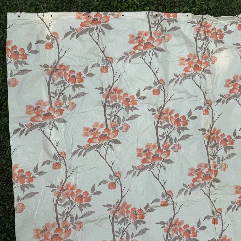 Vintage Floral Shower Curtain 69x69 White Peach Retro Peony Vinyl Plastic